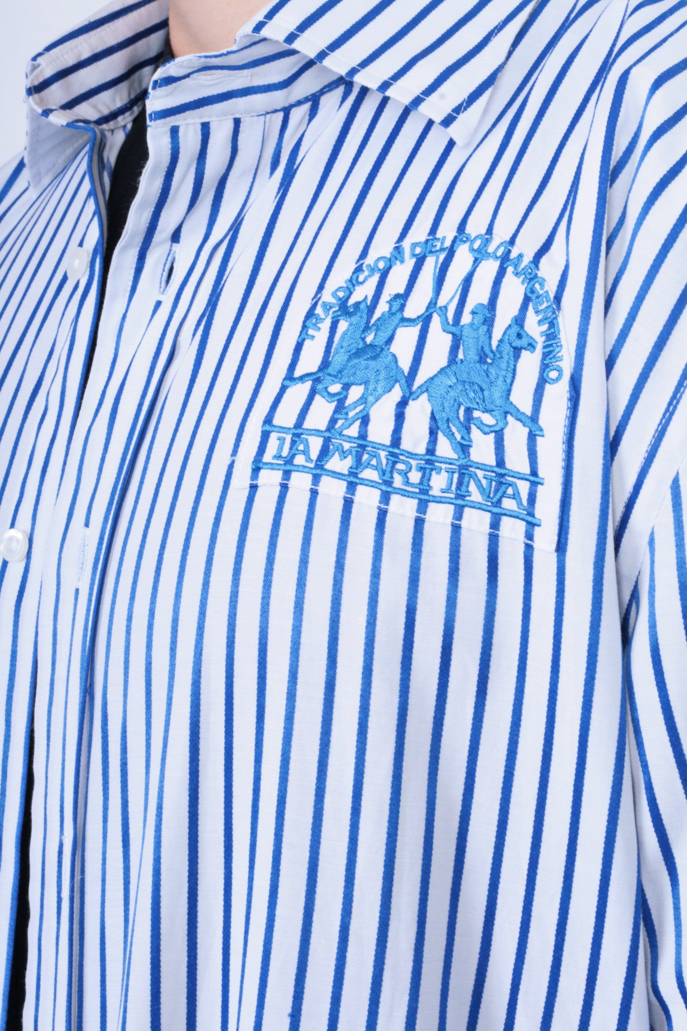 La Martina Mens XXL Casual Shirt Striped White Cotton Blue - RetrospectClothes