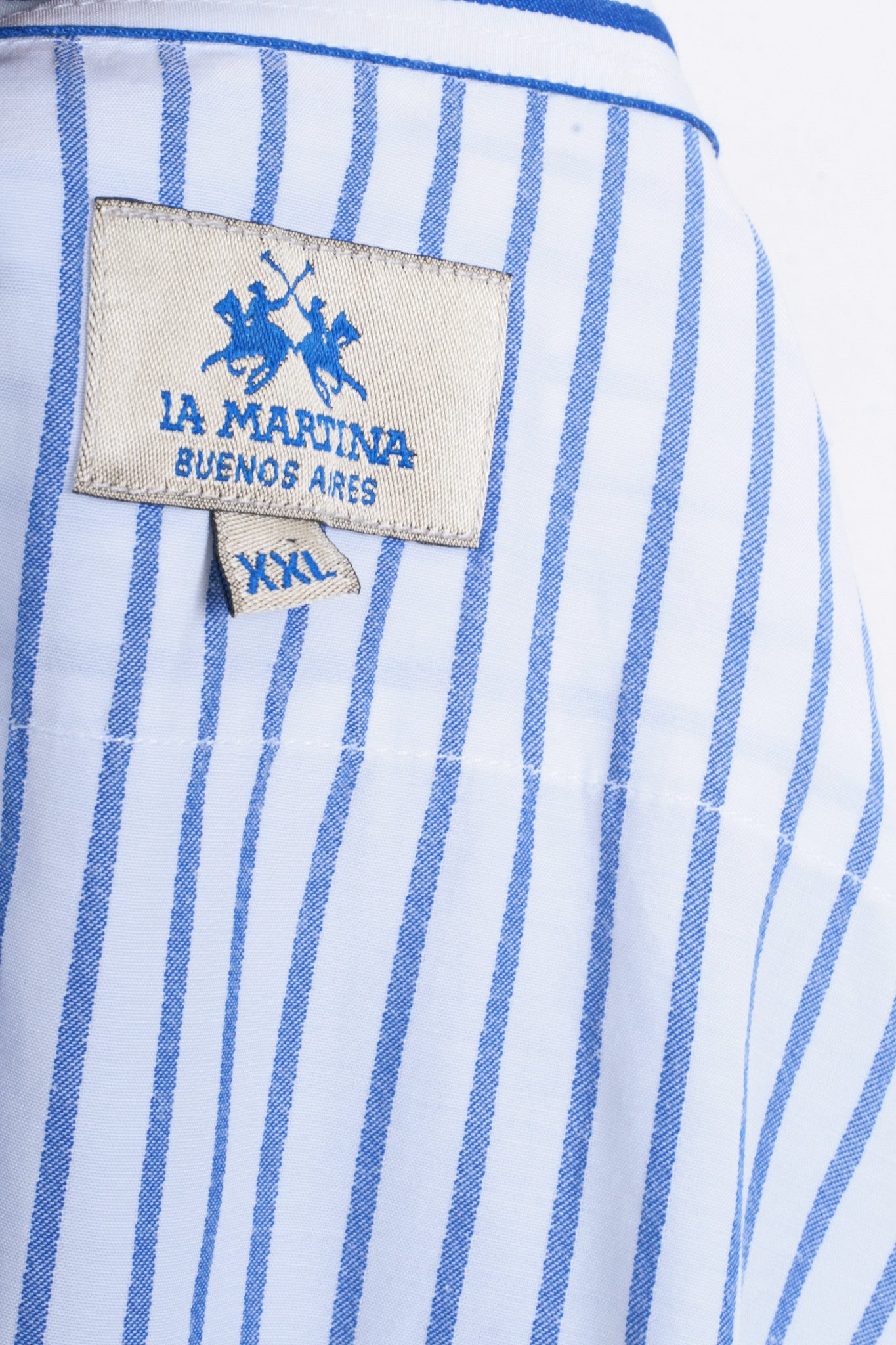 La Martina Mens XXL Casual Shirt Striped White Cotton Blue - RetrospectClothes
