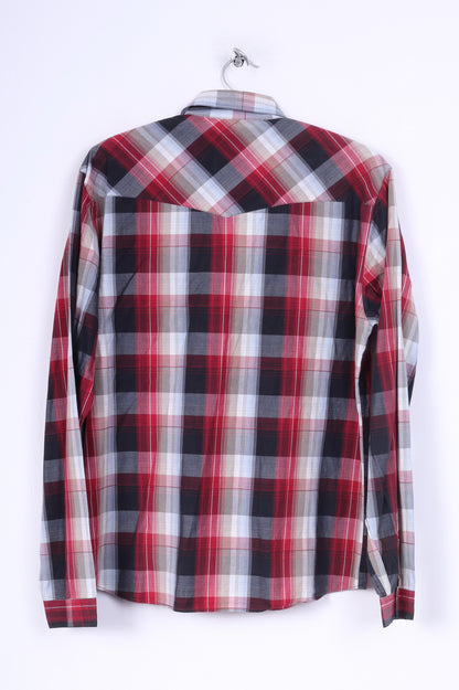 Luke Men M (S) Casual Shirt Red Check Long Sleeve Cotton Top