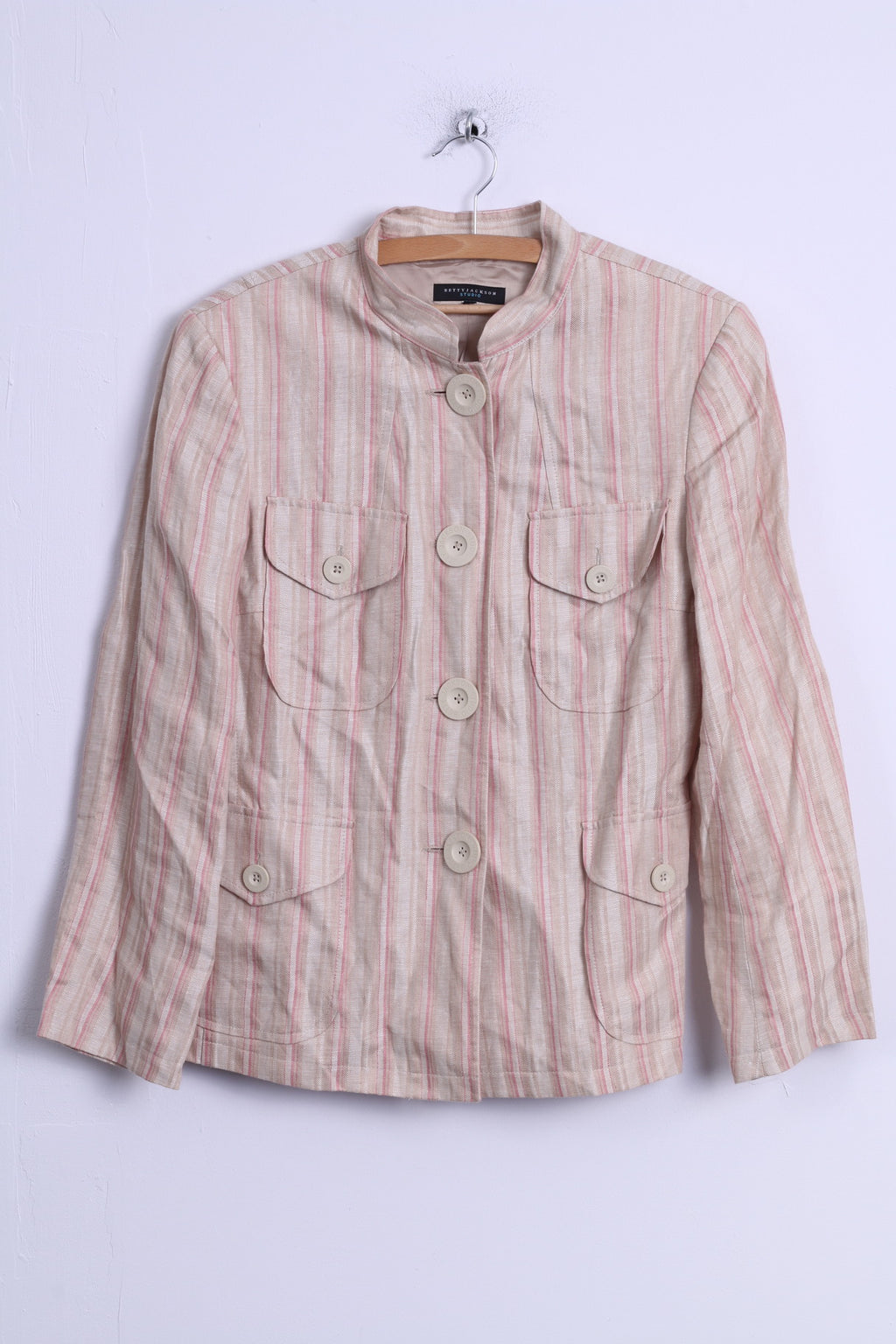 Giacca da donna M di Betty Jackson Studio Blazer con bottoni grandi a righe in lino beige