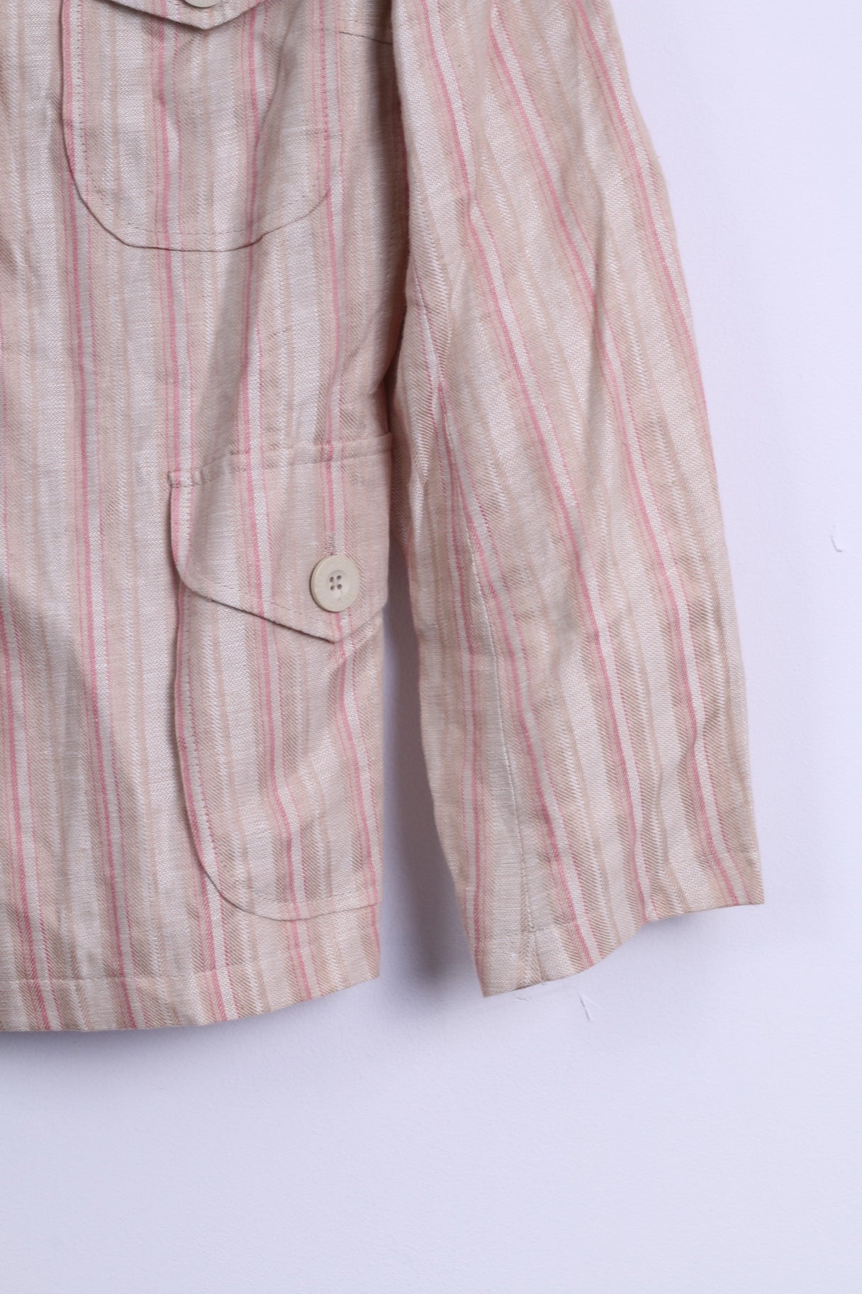Betty Jackson Studio Womens M Jacket Beige Linen Striped Big Buttons Blazer