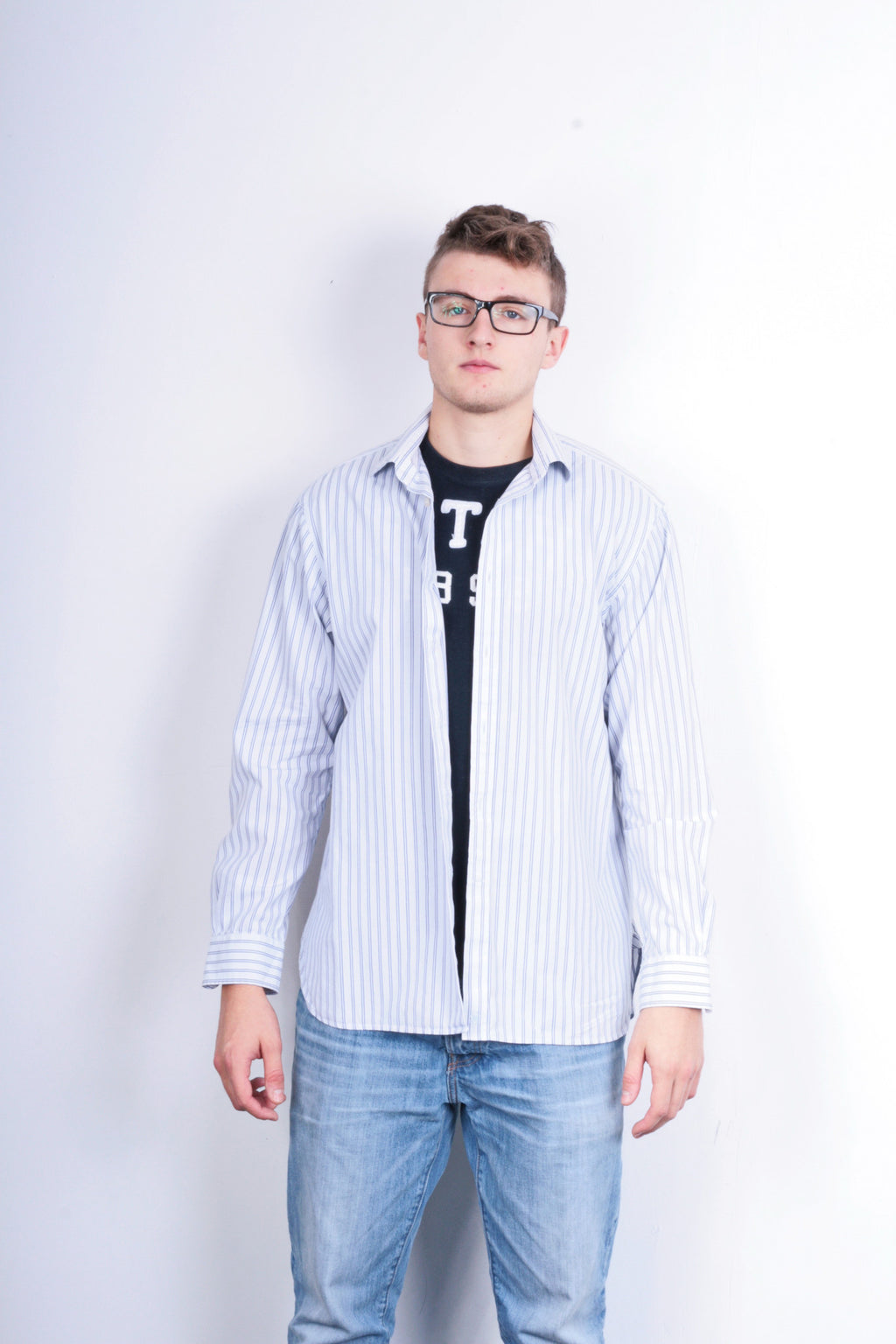 Jaeger London Mens 16.5 L XL Casual Shirt Striped White Cotton - RetrospectClothes