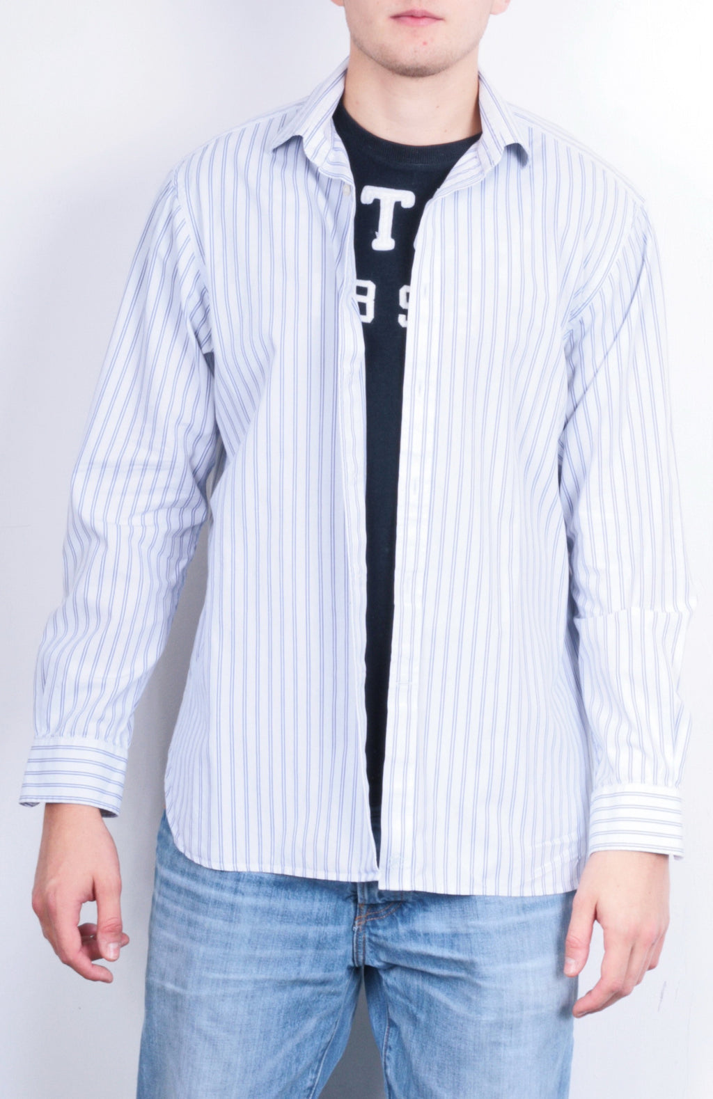 Jaeger London Mens 16.5 L XL Casual Shirt Striped White Cotton - RetrospectClothes