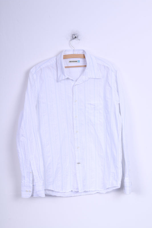 Duck And Cover Mens XL (M) Casual Shirt White Blue Striped Cotton Long Sleeve