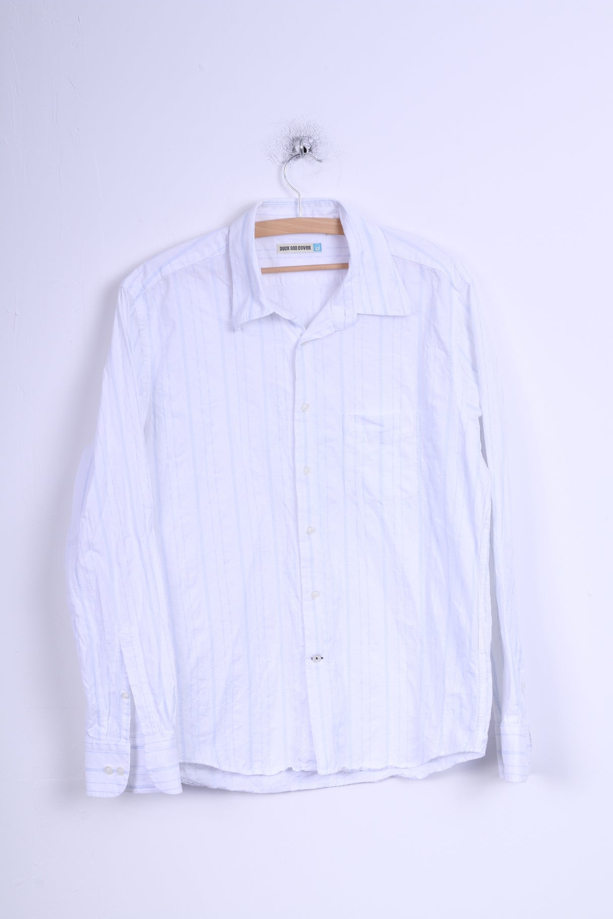 Duck And Cover Camicia casual da uomo XL (M) Manica lunga in cotone a righe bianche blu