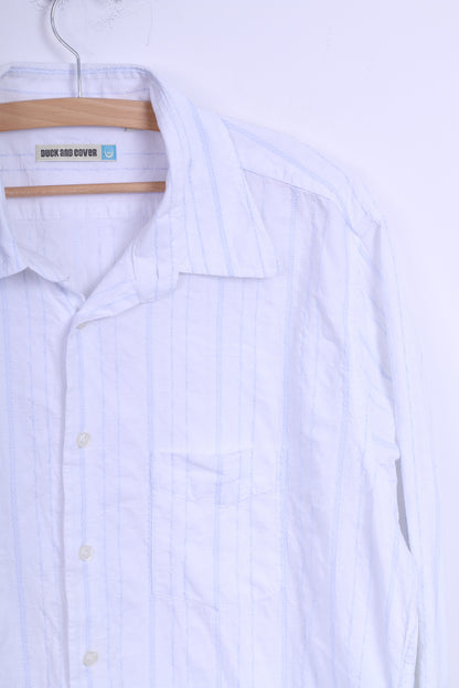 Duck And Cover Mens XL (M) Casual Shirt White Blue Striped Cotton Long Sleeve