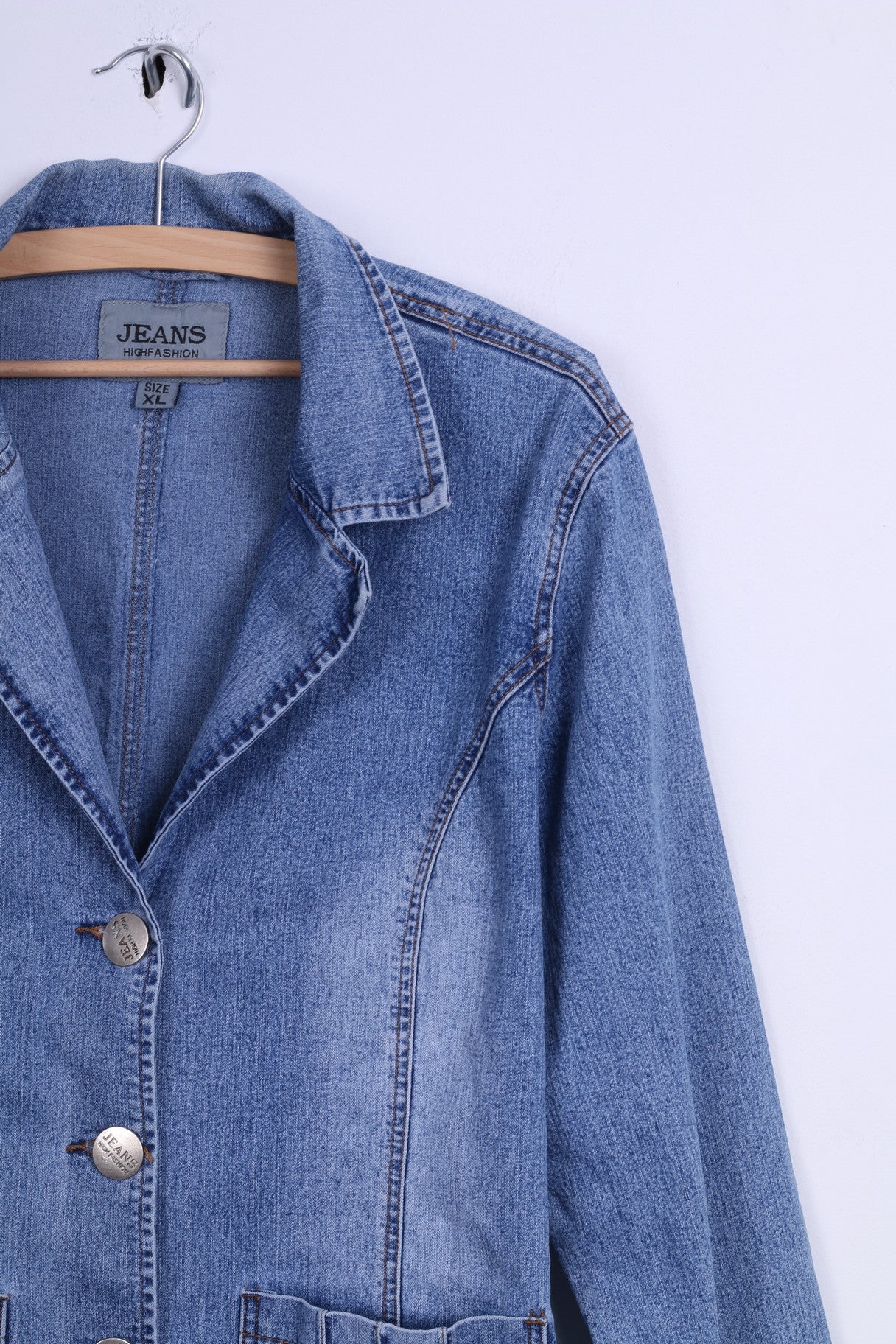 Giacca XL da donna di alta moda in jeans Giacca elasticizzata monopetto in denim blu
