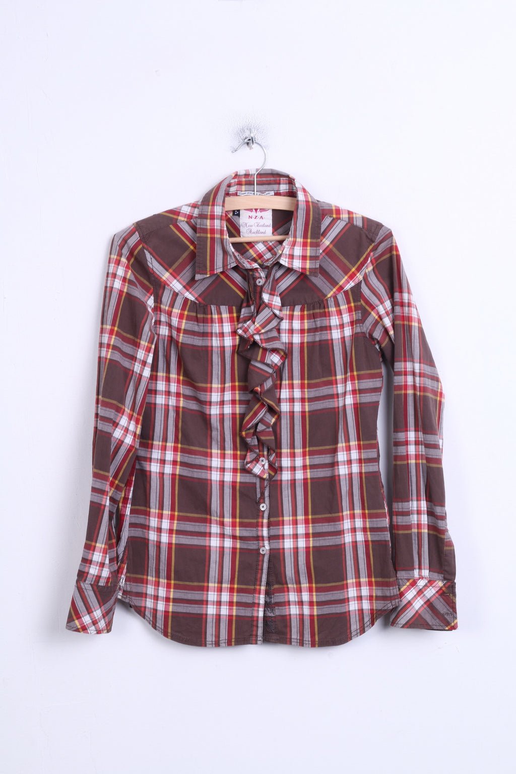 New Zealand Auckland Womens 3 L Casual Shirt Check Cotton Ruffle - RetrospectClothes