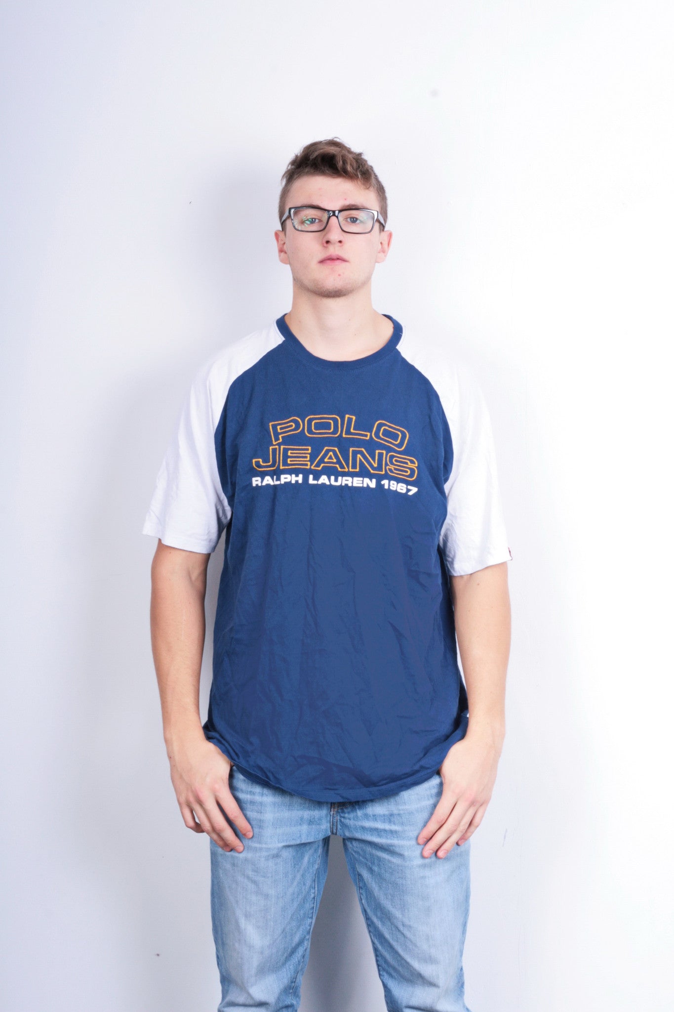 Polo Jeans Ralph Lauren Mens L Shirt Crew Neck Navy Blue Sport - RetrospectClothes