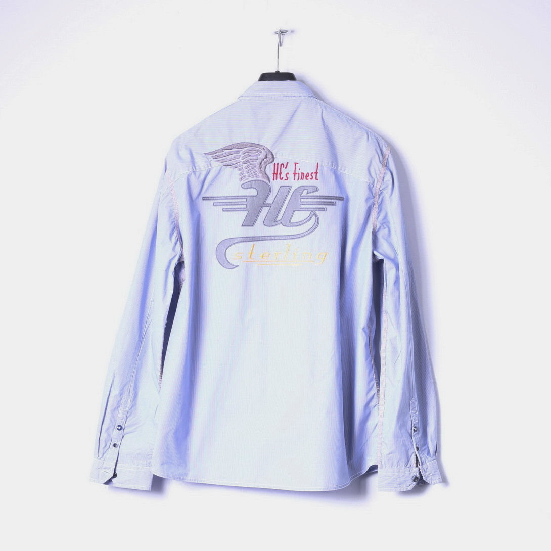 Henry Choice Jeans Mens XXL Casual Shirt Blue Striped Embroidered Long Sleeve