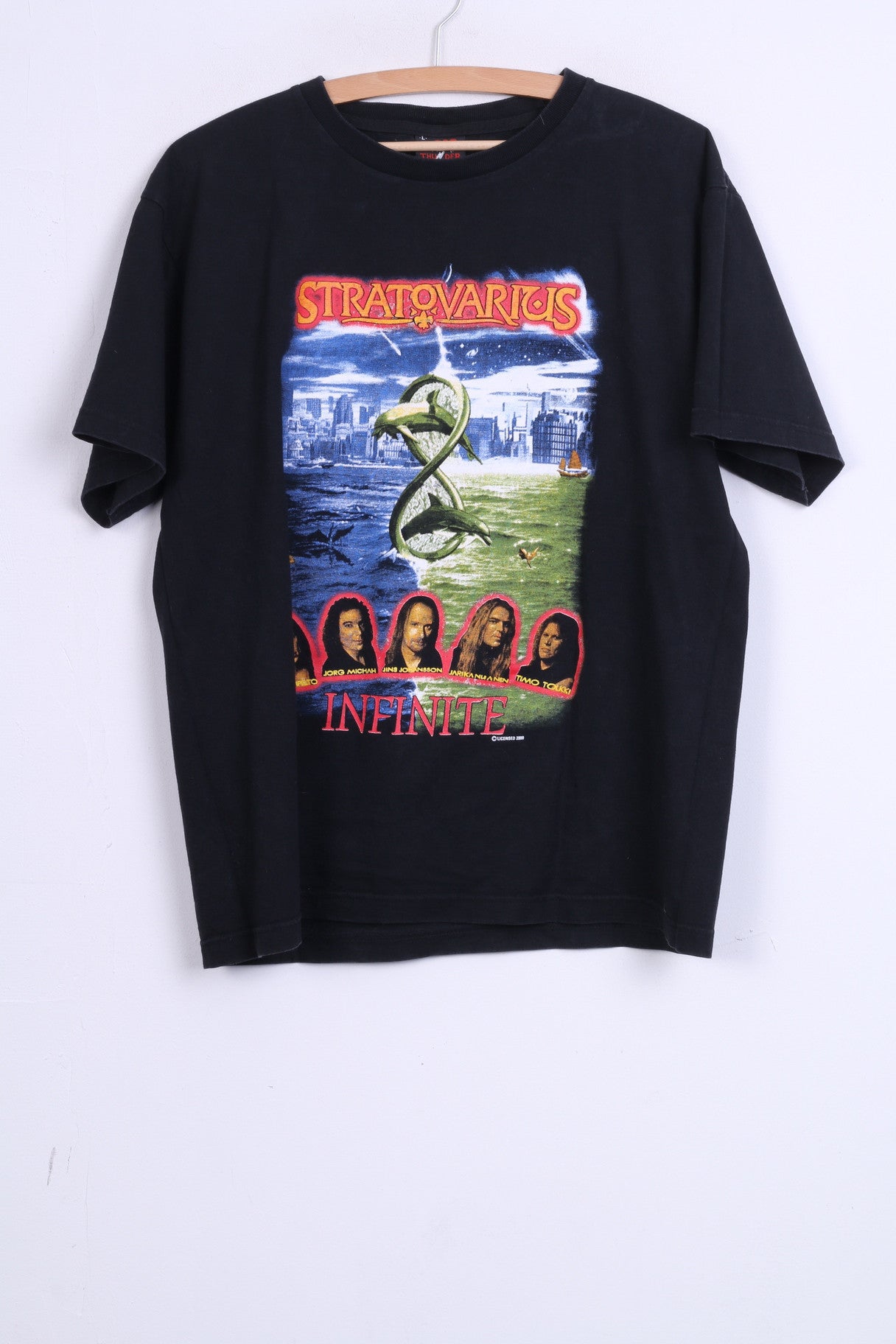 Thunder Mens L T-Shirt Black Cotton Crew Neck Stratovarius Infinite Top