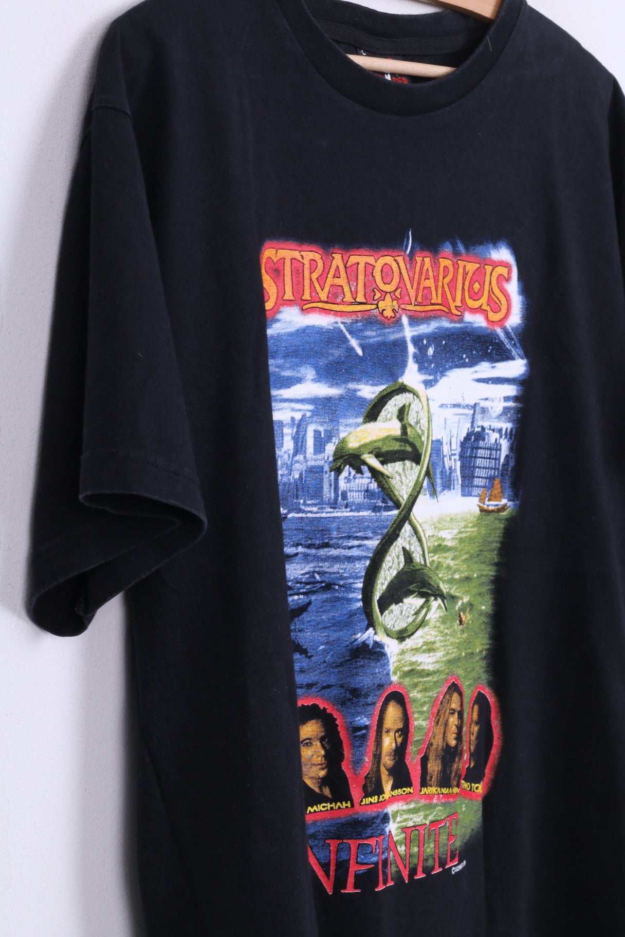 Thunder Mens L T-Shirt Black Cotton Crew Neck Stratovarius Infinite Top