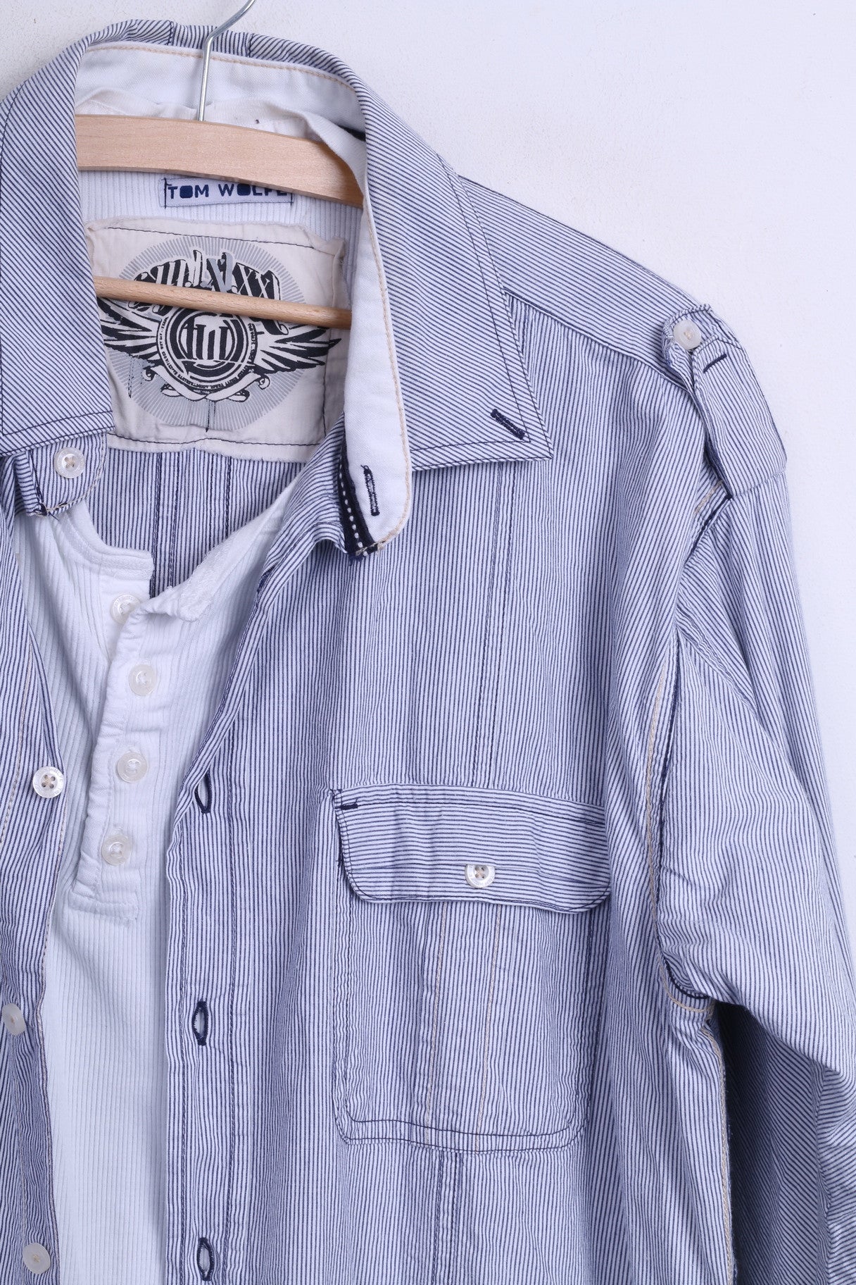 TOM WOLFE Camicia casual da uomo XL a righe in cotone colletto standard bianco