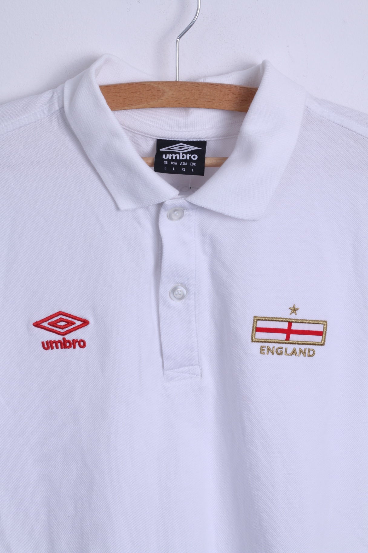 Umbro Mens L Polo Shirt White Nationale England Team Cotton Short Sleeve