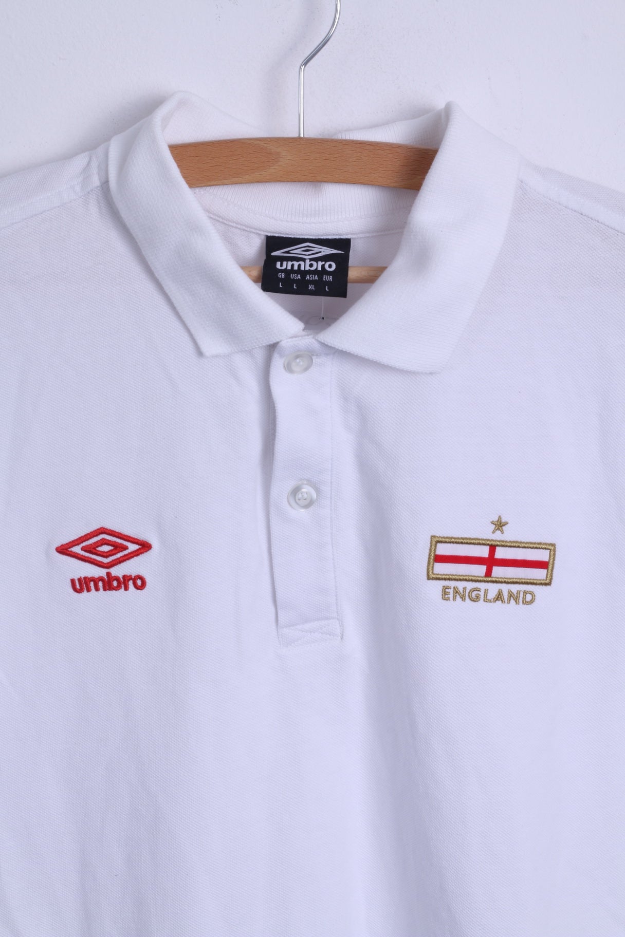 Polo Umbro da uomo L bianca, squadra nazionale inglese, cotone, manica corta