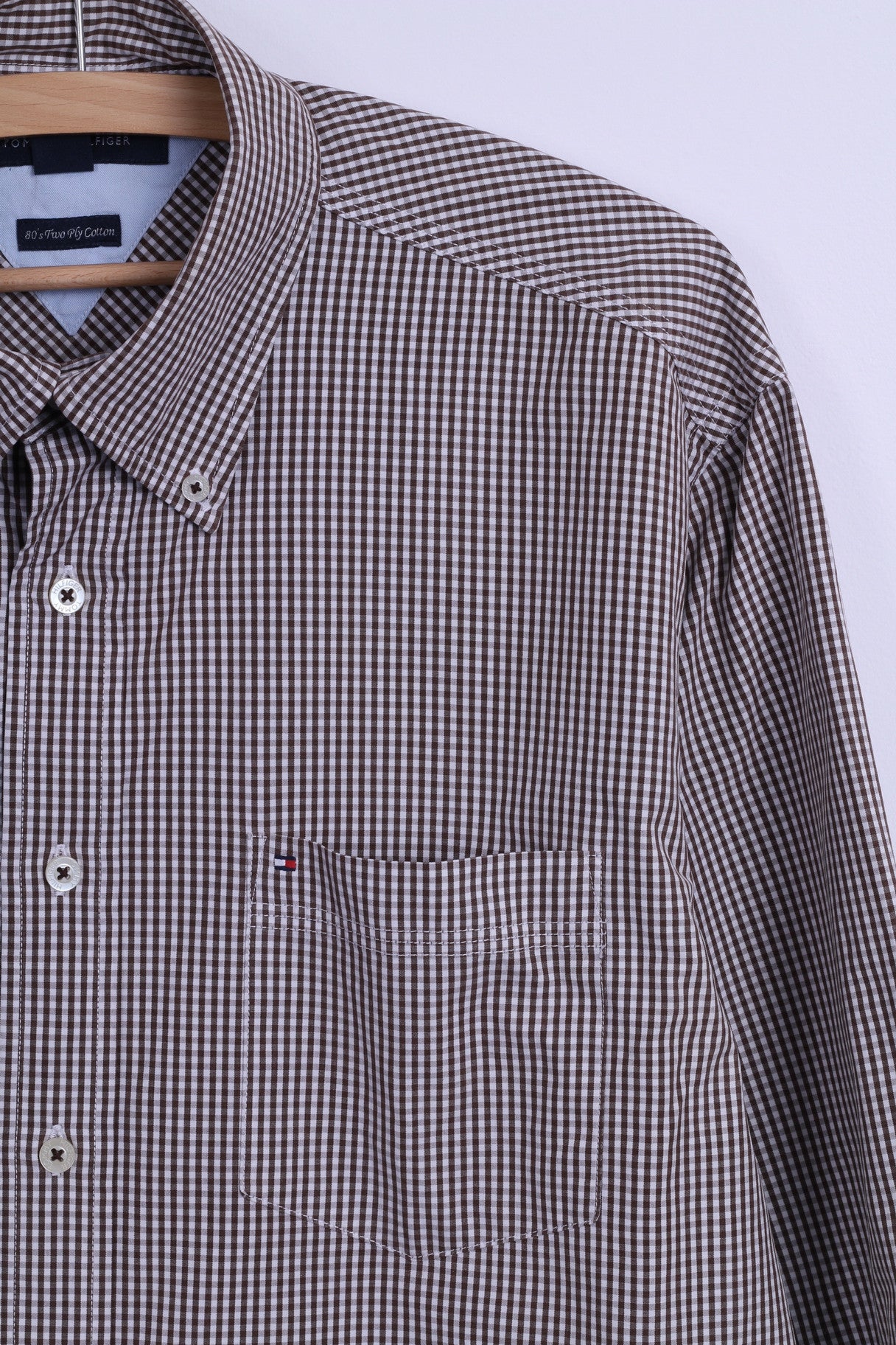 TOMMY HILFIGER Mens L Casual Shirt Long Sleeve Brown Check Button Down Collar