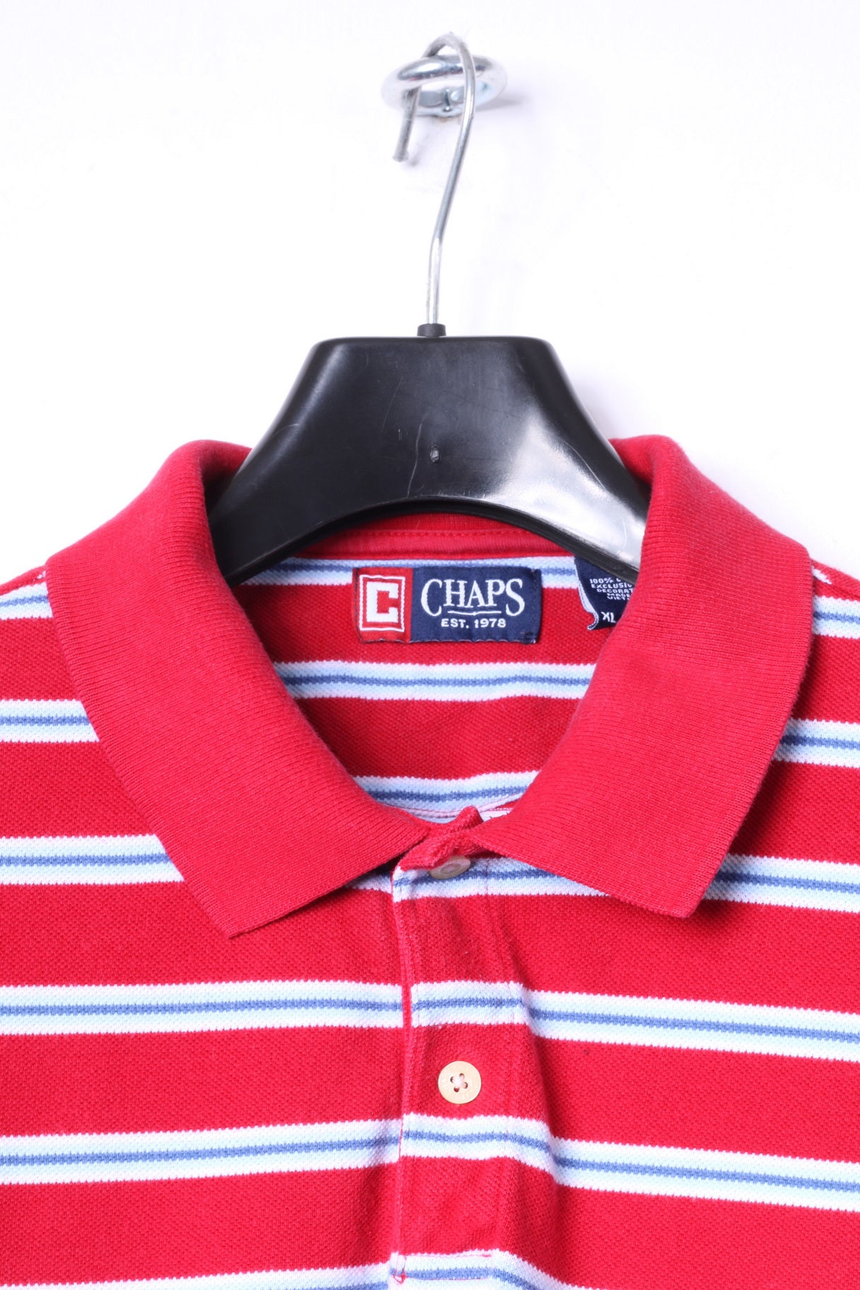 CHAPS Men XL Polo Shirt Red Cotton Striped Detailed Buttons Classic Top