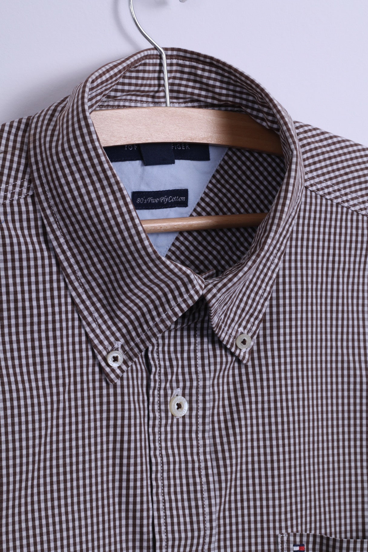 TOMMY HILFIGER Mens L Casual Shirt Long Sleeve Brown Check Button Down Collar