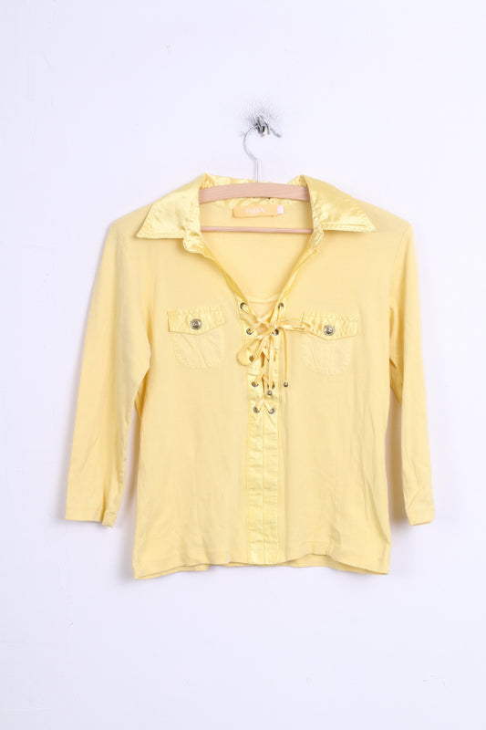 BIBA Womens 1 M Chic Blouse Yellow Collar Lace Up - RetrospectClothes