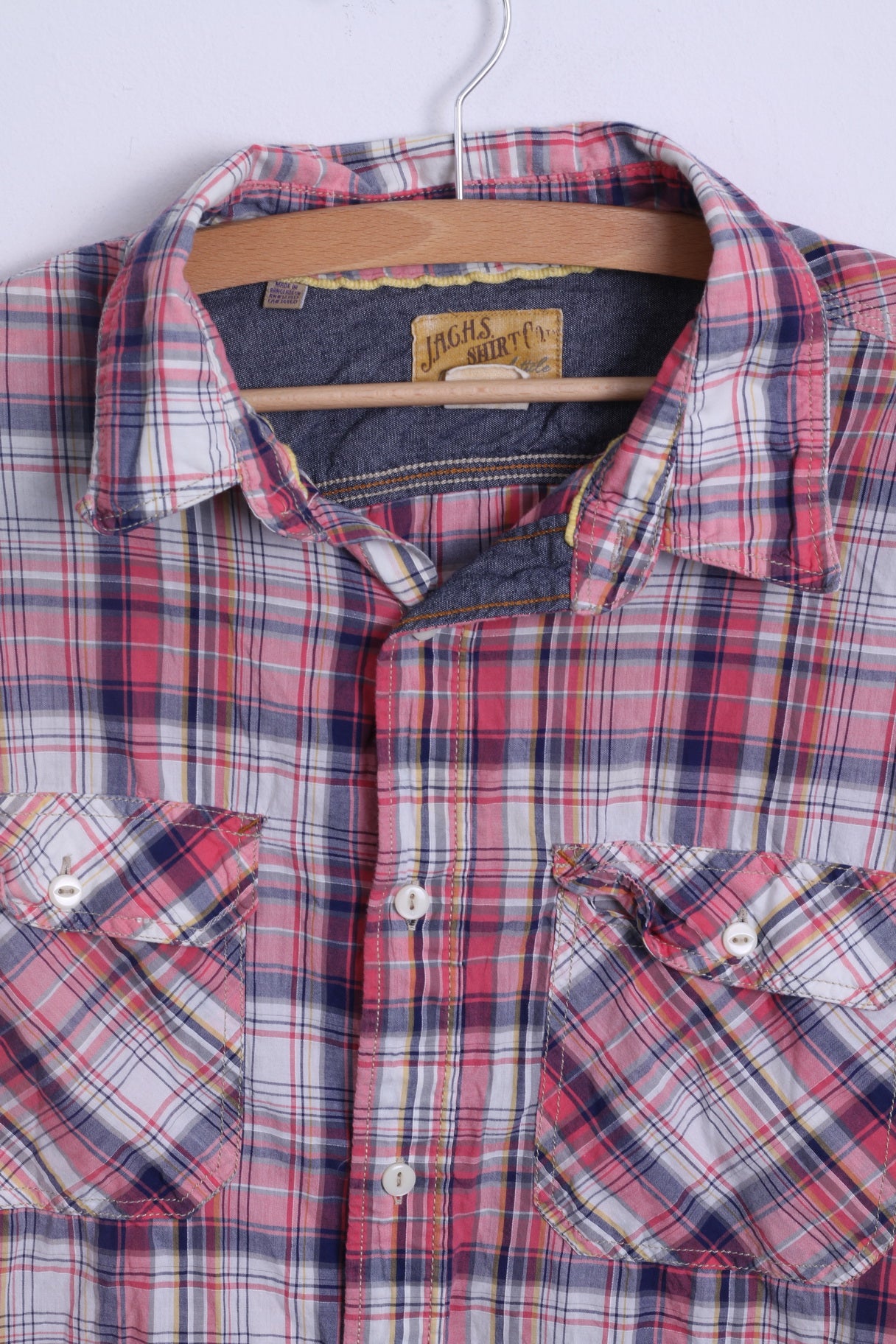 JAGHS JAGHS Camicia casual XL da uomo in cotone a quadretti rosa a maniche lunghe