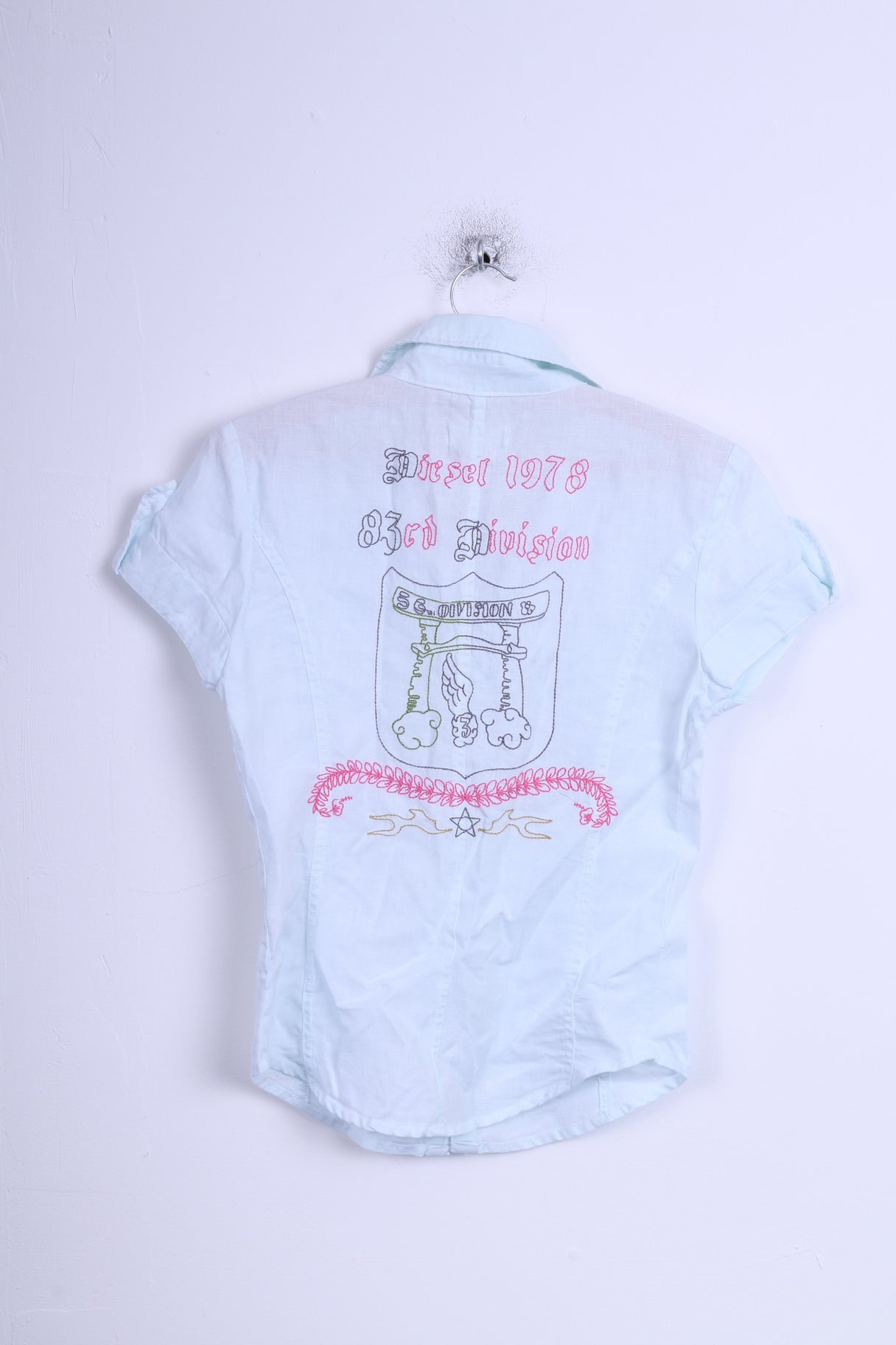 Diesel Womens M (XS) Casual Shirt Mint Linen Embroidered Back