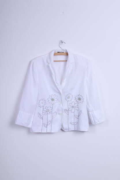 HUCKE Womens 14 XL Blazer White Embroidered Flowers Single Breasted Linen