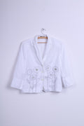 HUCKE Womens 14 XL Blazer Blanc Fleurs Brodées Simple Boutonnage Lin
