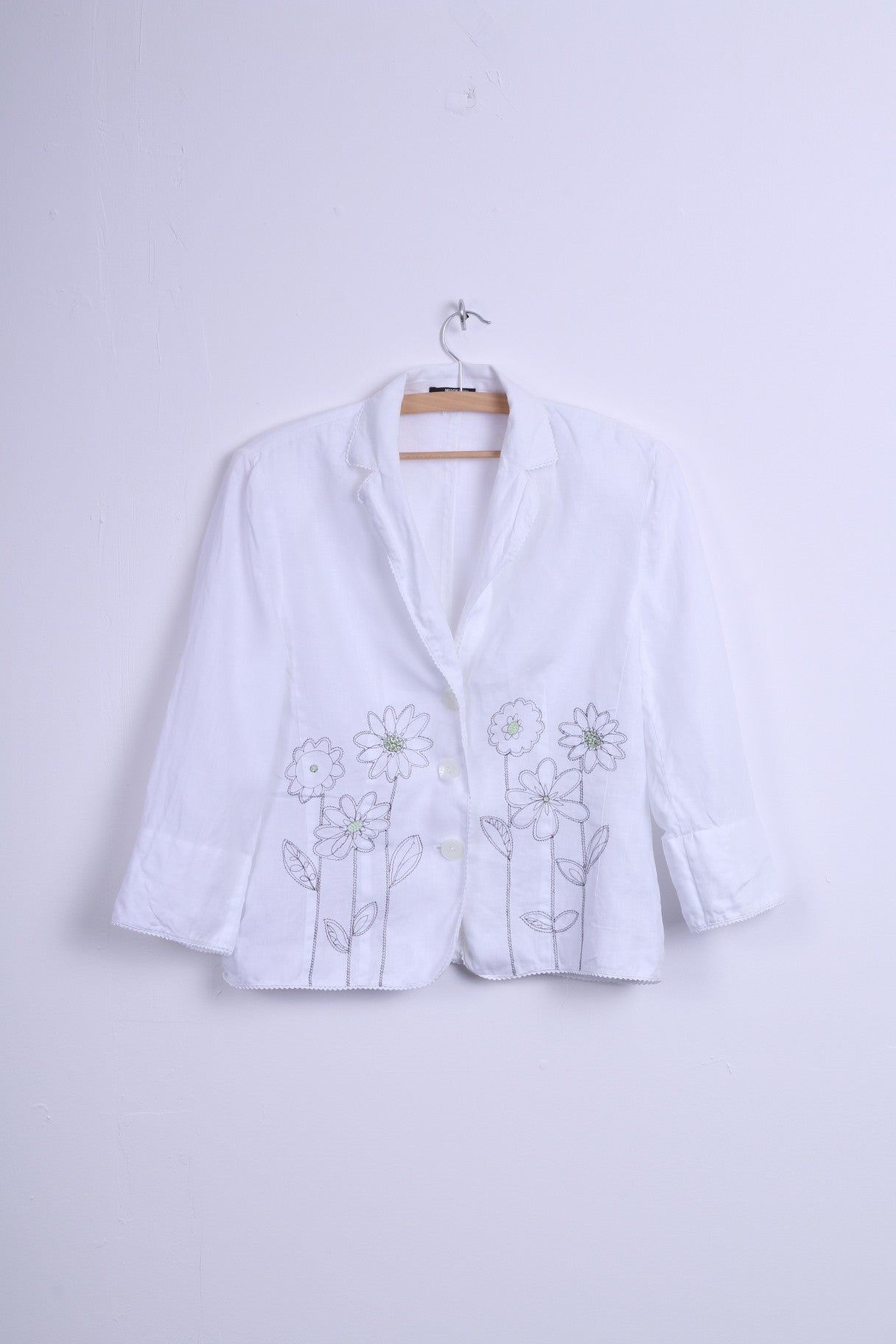 Blazer HUCKE da donna 14 XL con fiori ricamati bianchi, lino monopetto
