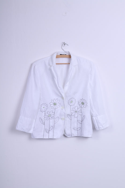 HUCKE Womens 14 XL Blazer White Embroidered Flowers Single Breasted Linen
