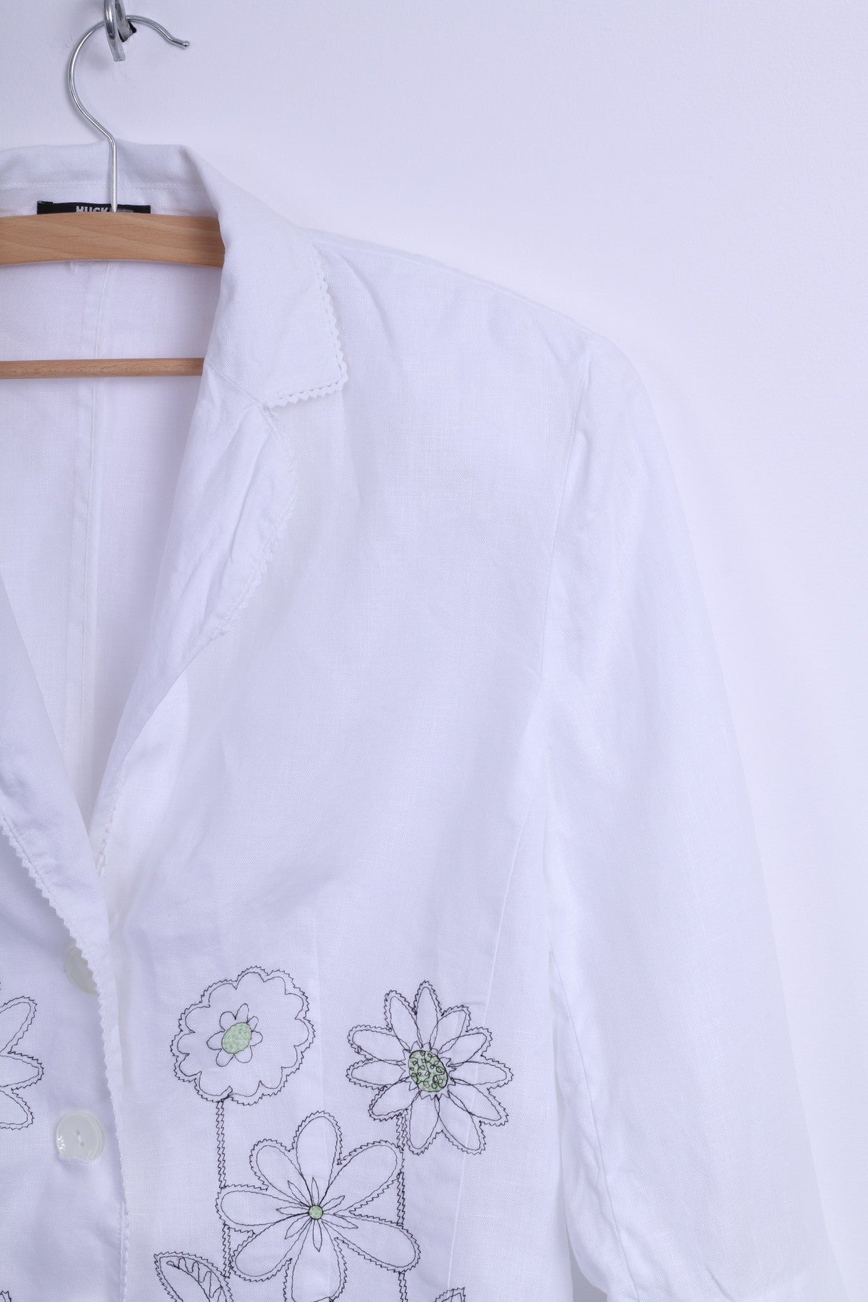 Blazer HUCKE da donna 14 XL con fiori ricamati bianchi, lino monopetto