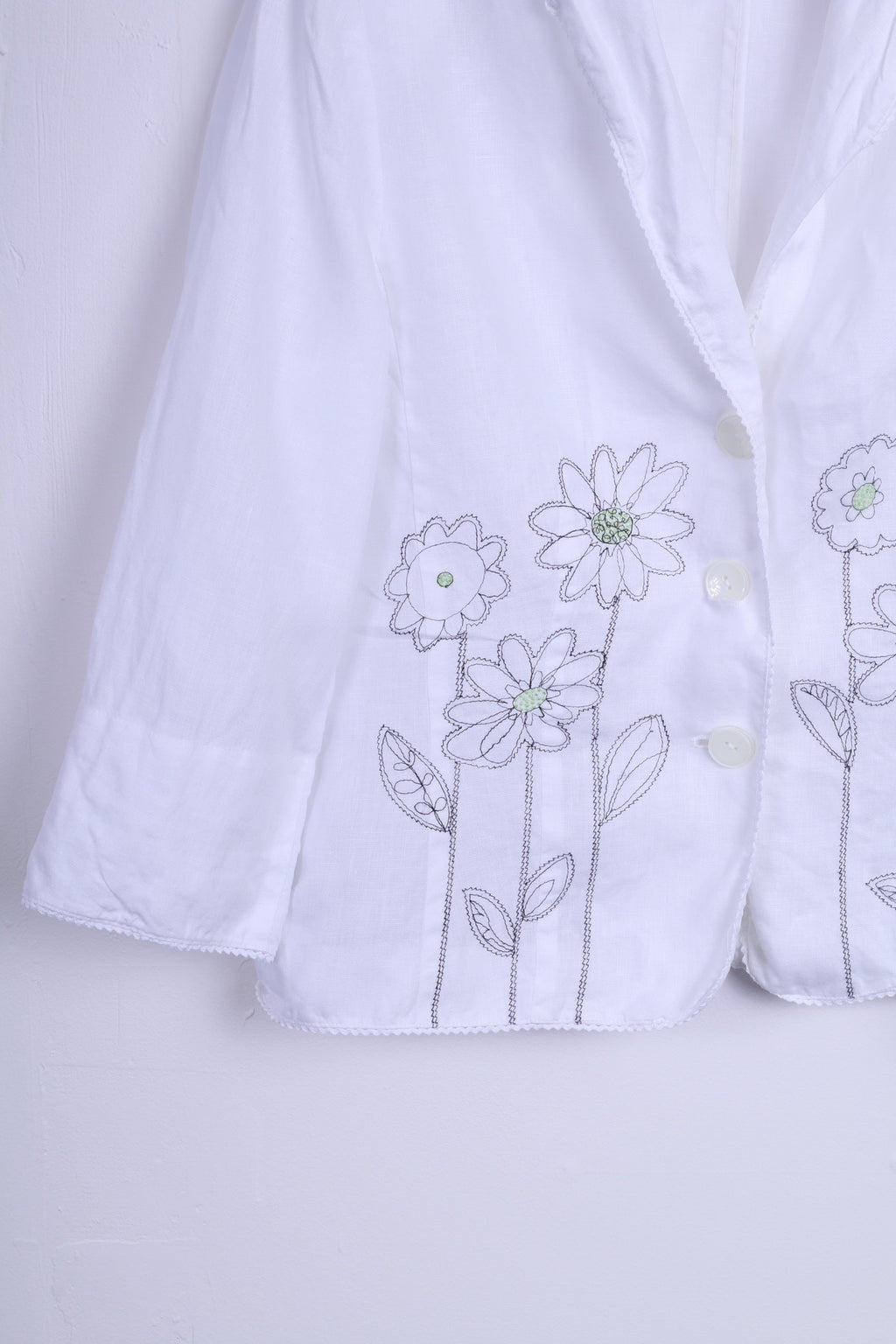 Blazer HUCKE da donna 14 XL con fiori ricamati bianchi, lino monopetto