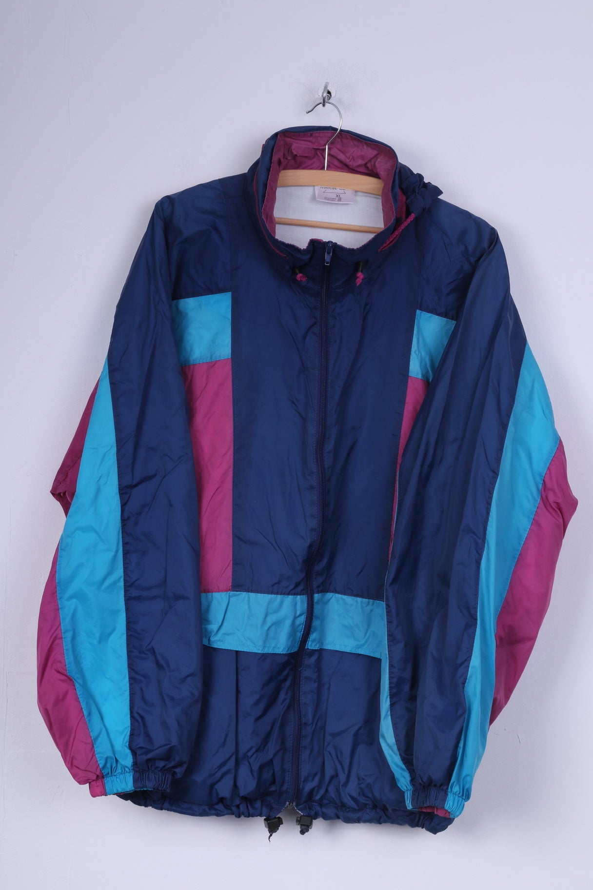 Giacca Marcel Clair da uomo XL blu vintage in nylon con cappuccio nascosto abbigliamento attivo