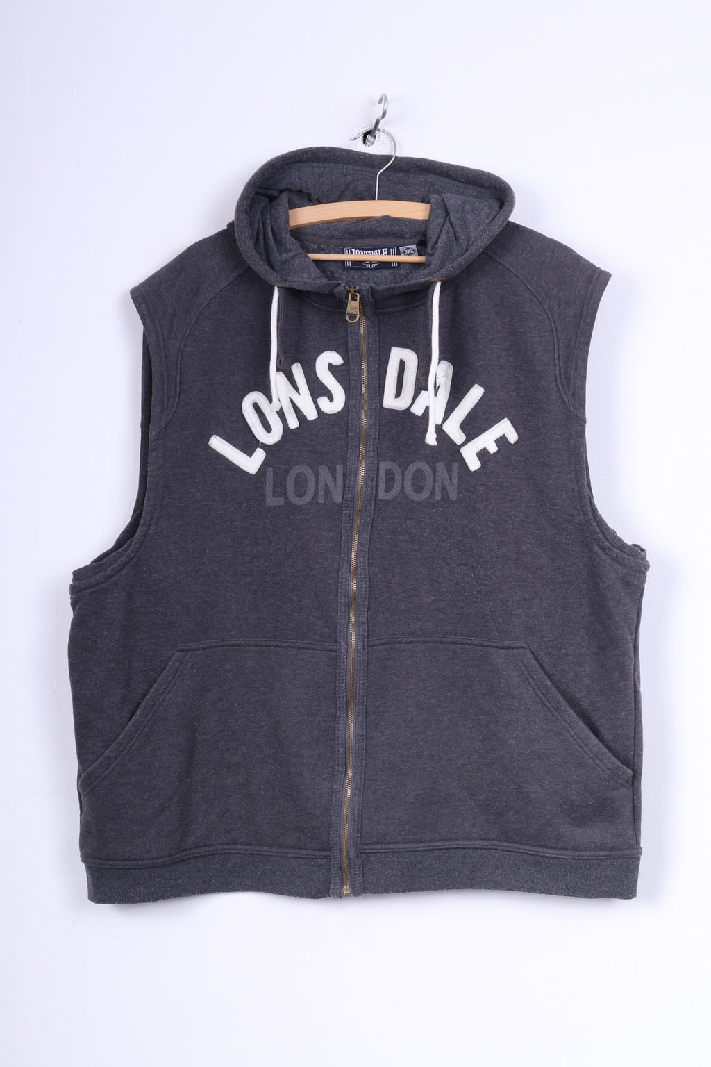 Lonsdale London Gilet sans manches pour homme 3XL Bodywarmer gris à capuche en coton avec fermeture éclair complète vêtements de sport