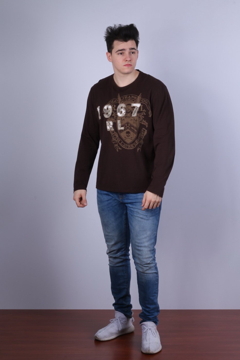 Polo Jeans Ralph Lauren Camicia XL da uomo Marrone Girocollo Top grafico in cotone a maniche lunghe