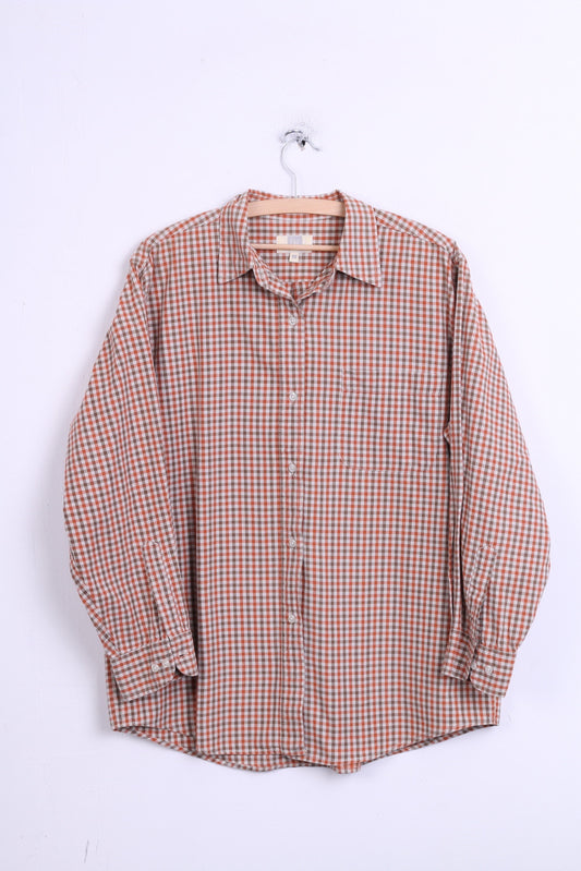 DOC Mens L Vintage Casual Shirt Check Orange Cotton Top Single Breasted - RetrospectClothes