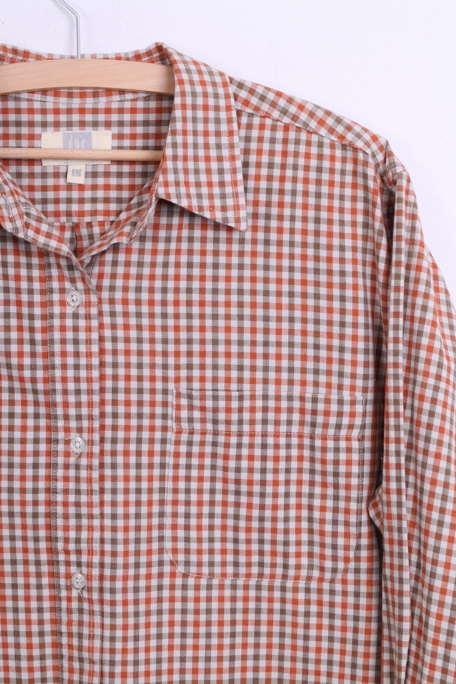DOC Mens L Vintage Casual Shirt Check Orange Cotton Top Single Breasted - RetrospectClothes