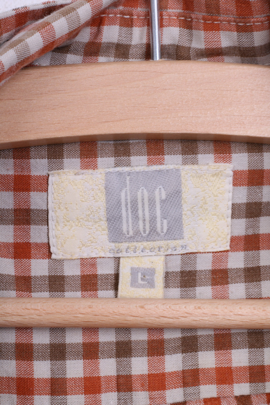 DOC Mens L Vintage Casual Shirt Check Orange Cotton Top Single Breasted - RetrospectClothes