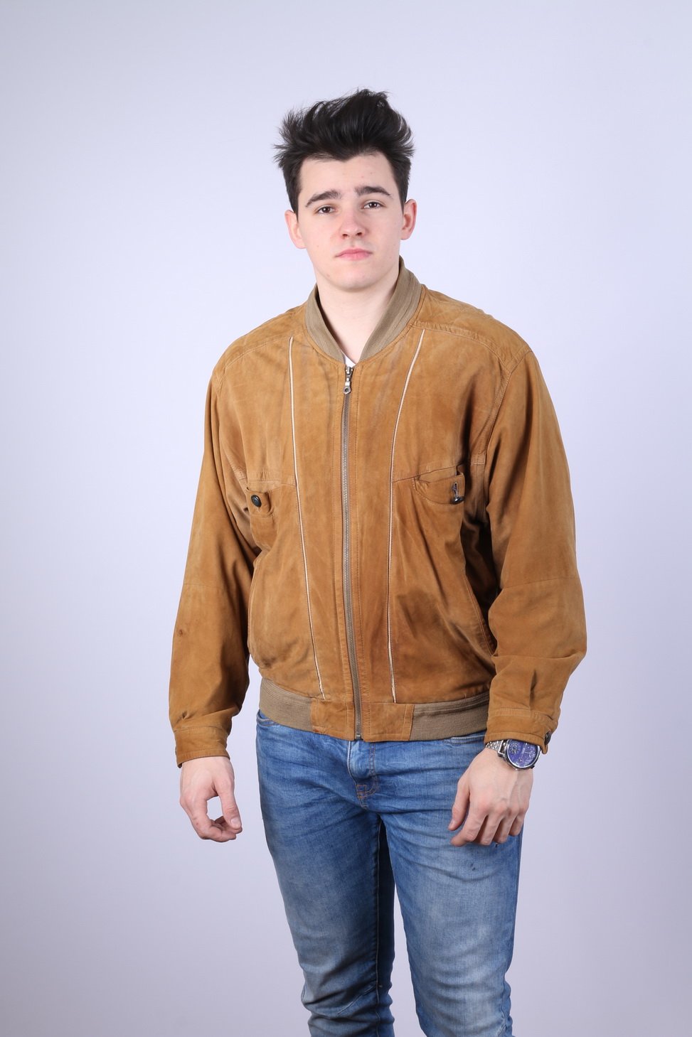 Montes Men 52 L Bomber Jacket Camel Leather Suede Vintage Full Zipper Classic Top