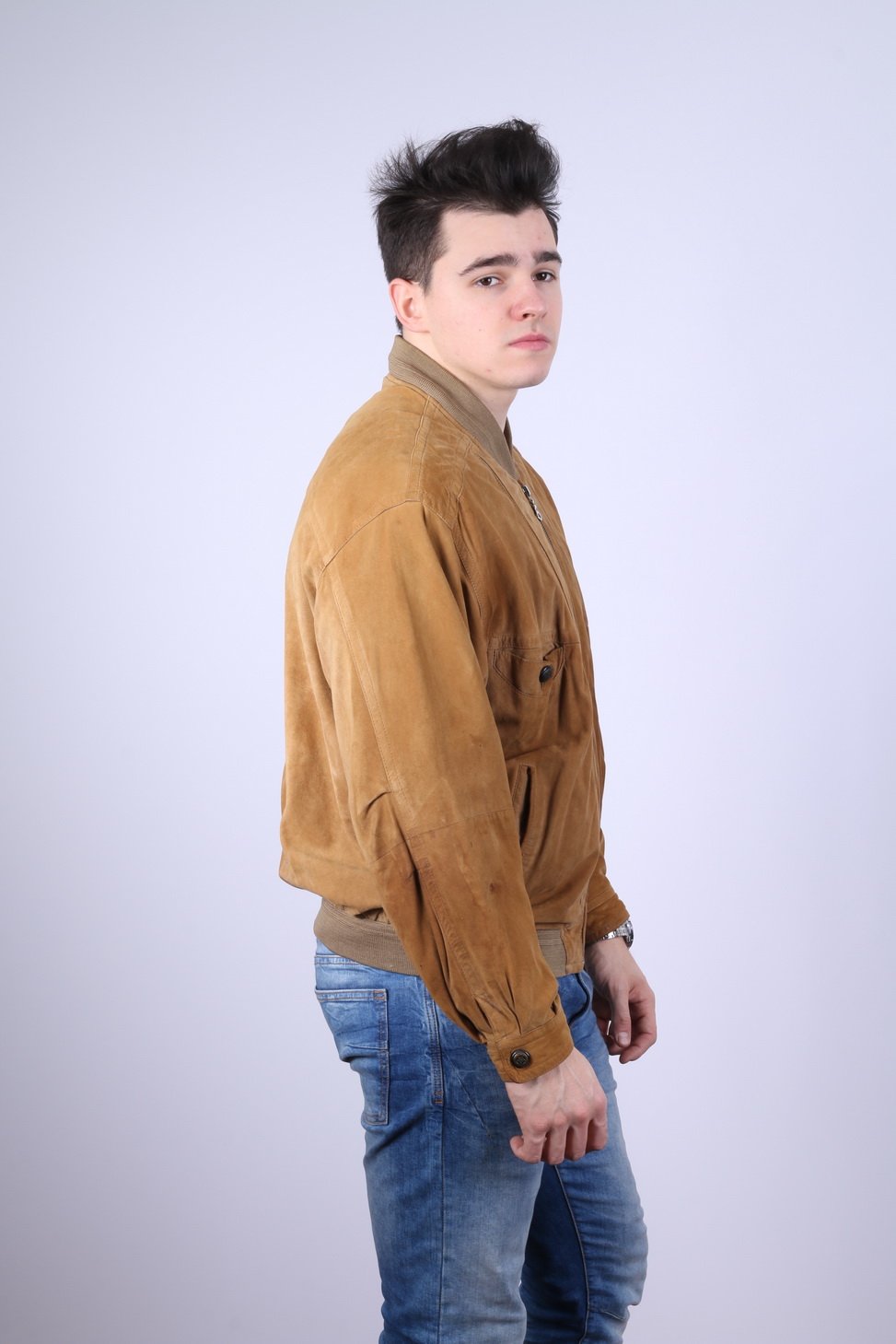 Montes Men 52 L Bomber Jacket Camel Leather Suede Vintage Full Zipper Classic Top