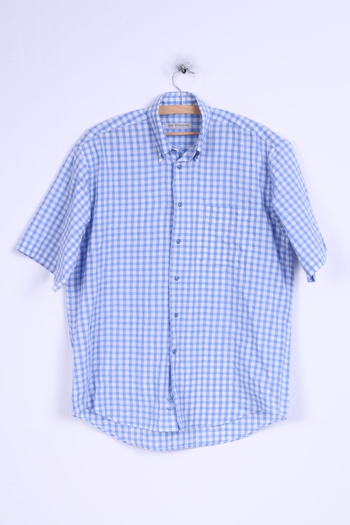 Le Frog Mens M Casual Shirt Blue Checkered Short Sleeve Button down Collar