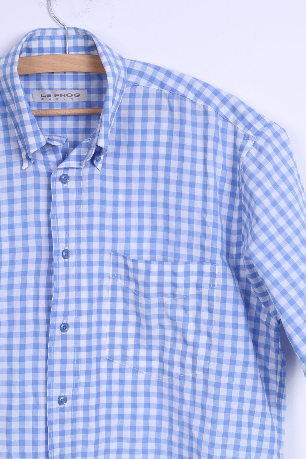 Le Frog Mens M Casual Shirt Blue Checkered Short Sleeve Button down Collar