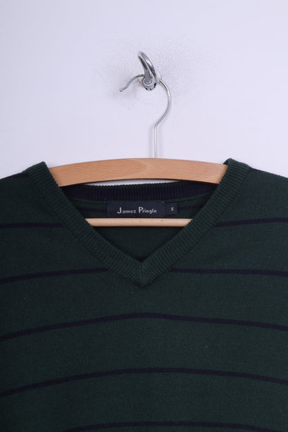 James Pringle Mens S Jumper Sweater Dark Green Striped V Neck