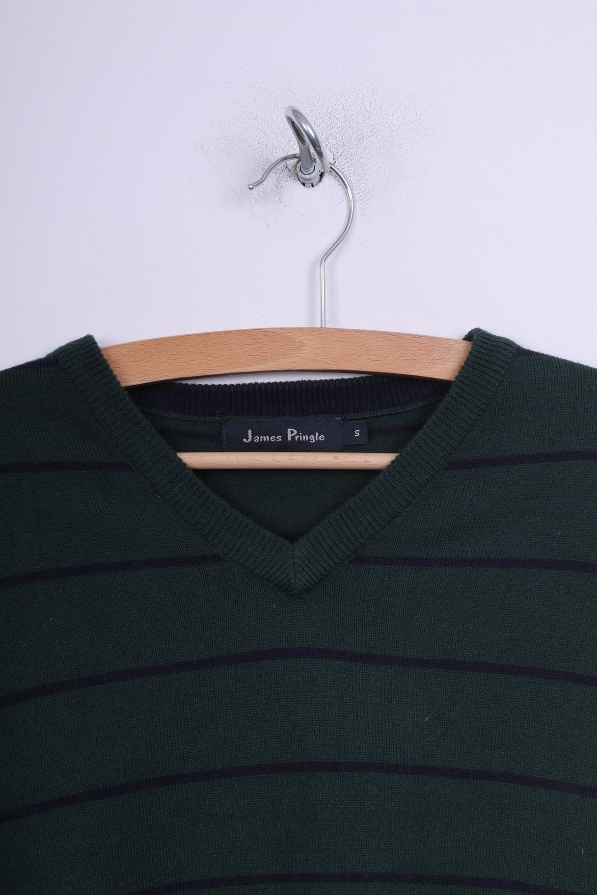 James Pringle Pull S pour Homme Vert Foncé Rayé Col en V 
