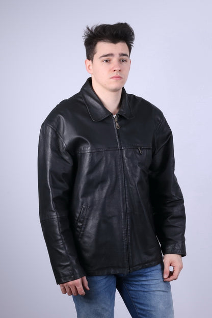 C&A Colonial Lines Men XL Jacket Black Leather Full Zip Biker Classic Top