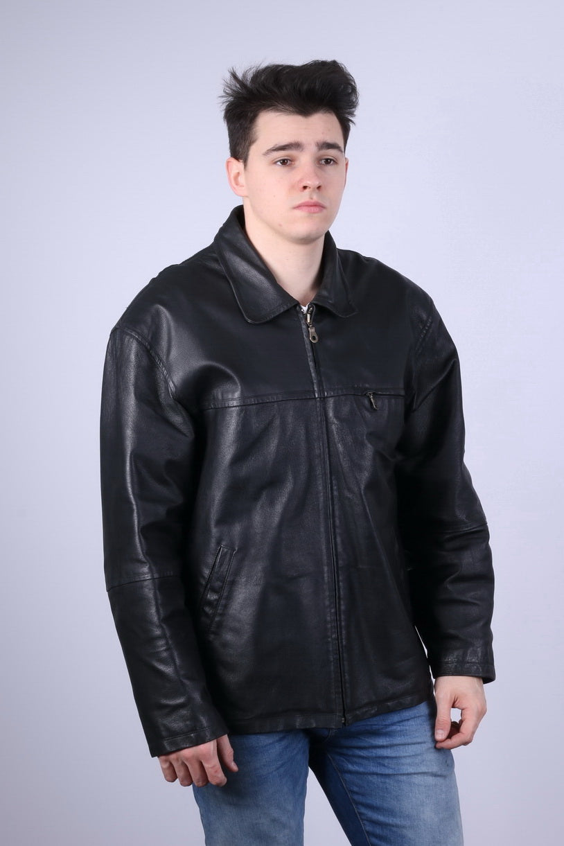 C&amp;A Colonial Lines Veste XL pour homme en cuir noir avec fermeture éclair complète et haut classique de motard