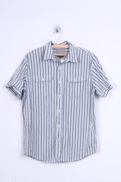 Wrangler Mens M Casual Shirt Short Sleeve Blue Striped Cotton Standard Collar