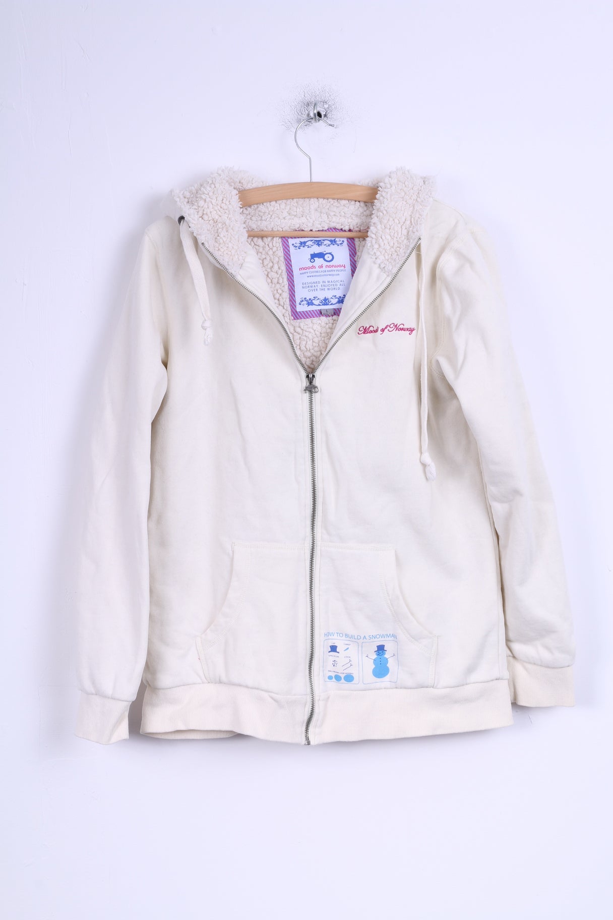 Moods Of Norway Womens L Sweatshirt Cream Hooded Zip Up Cotton Warm Blouse