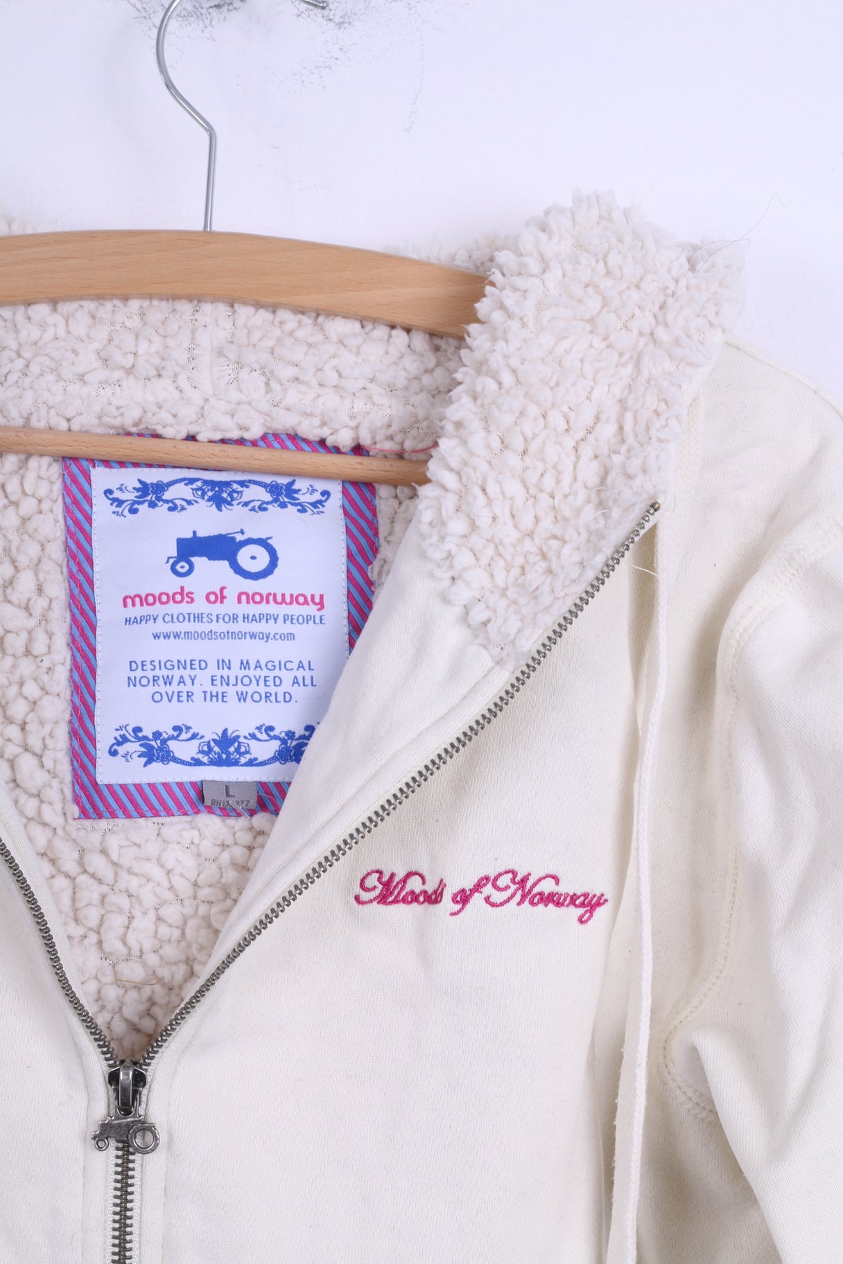 Moods Of Norway Womens L Sweatshirt Cream Hooded Zip Up Cotton Warm Blouse