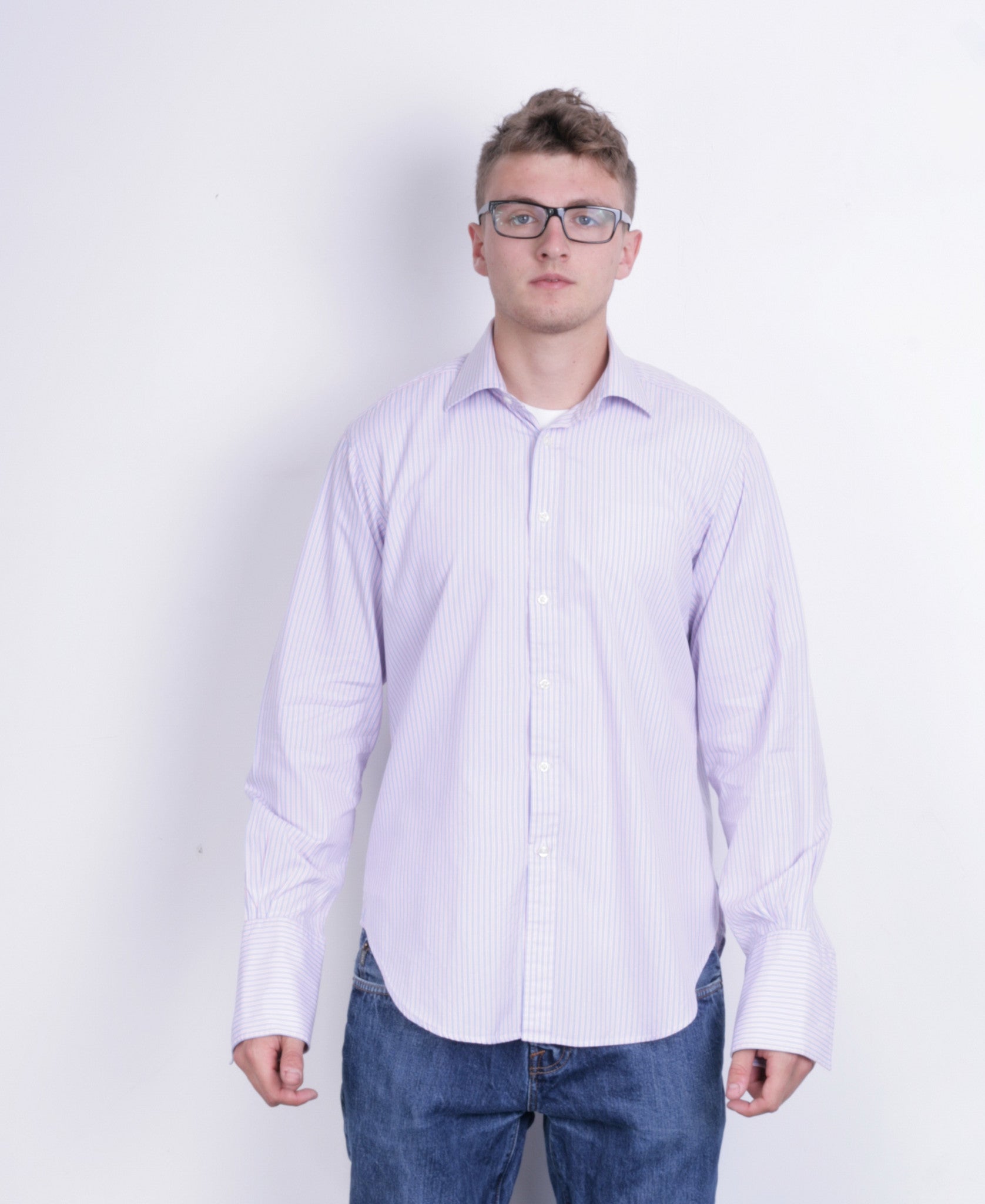 T.M. Lewin Mens 16 / 35 XL Striped Regular Fit Purple Cotton - RetrospectClothes