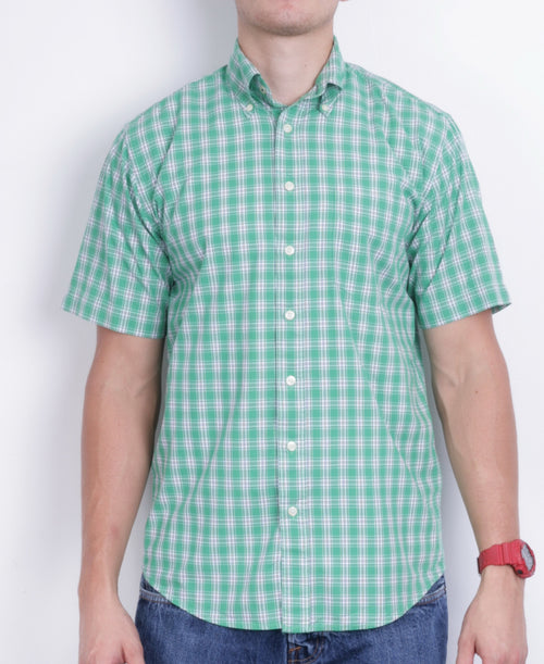 A.W. Dunmore Mens S Casual Shirt Green Check Cotton Short Sleeve - RetrospectClothes